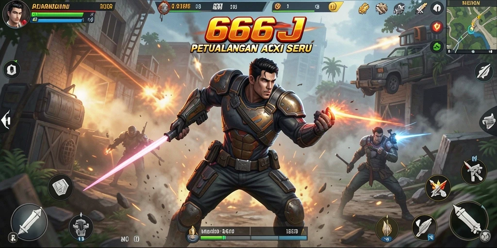 Screenshot 666J menampilkan aksi seru dalam pertempuran melawan musuh.