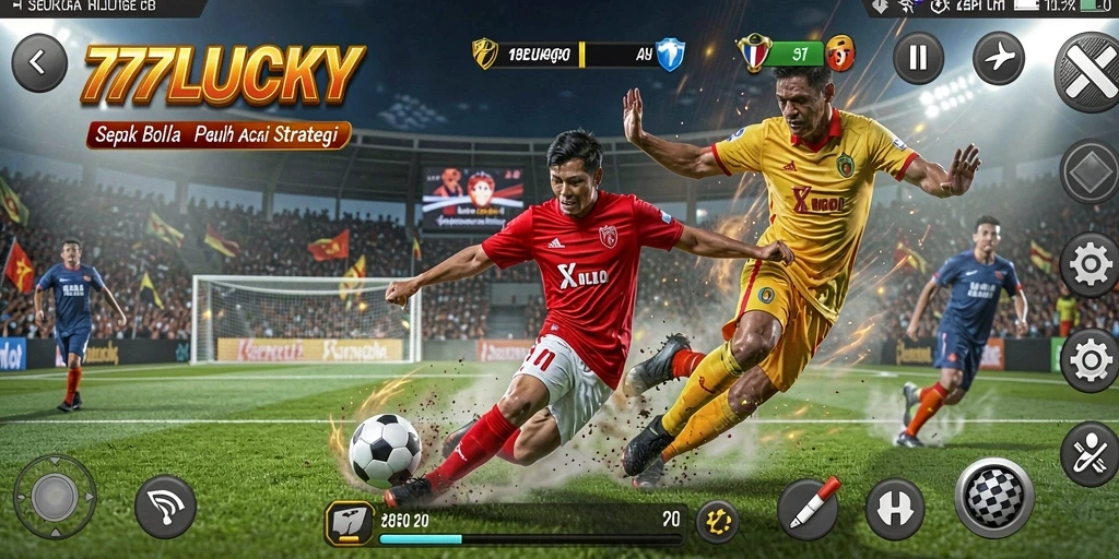 Screenshot utama 777LUCKY menampilkan aksi seru dalam permainan sepak bola.