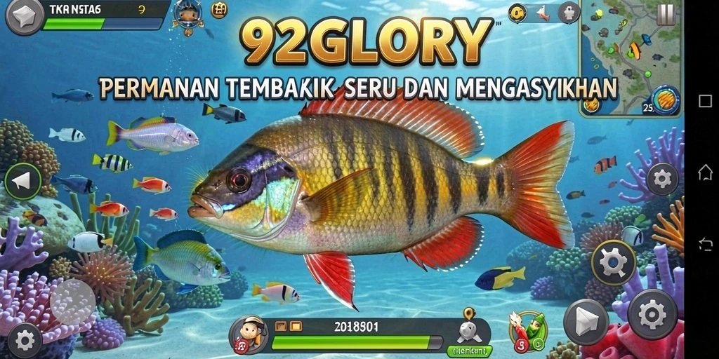 Tampilan gameplay 92GLORY dengan aksi menembak ikan yang memukau.