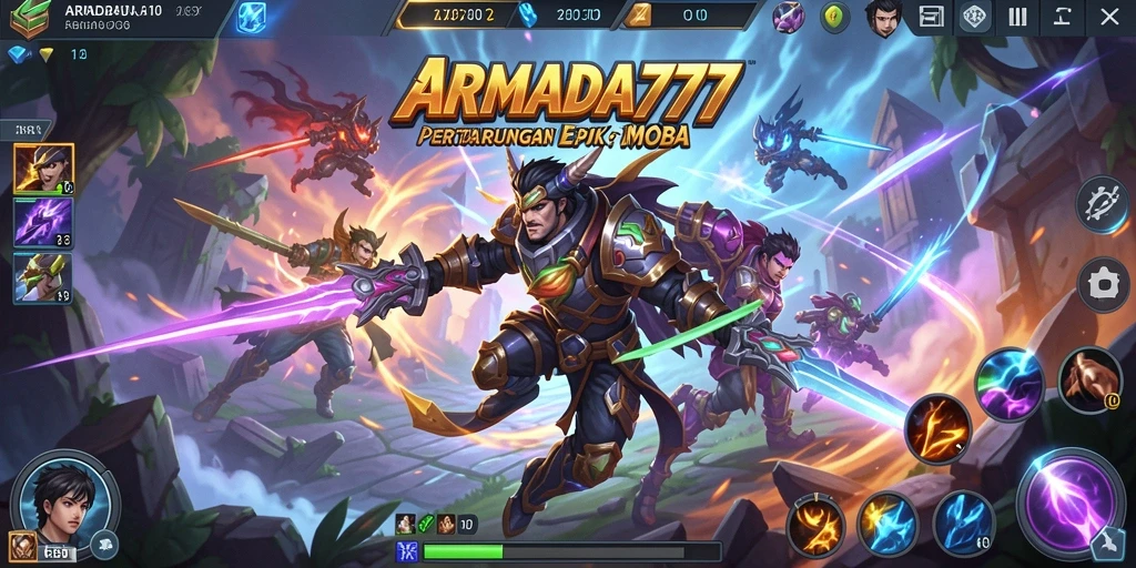 Tampilan gameplay epik di <strong>ARMADA777</strong> yang menampilkan pertarungan heroik.