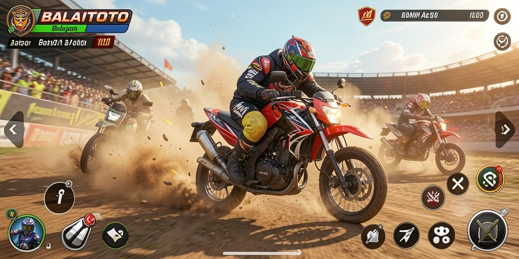 Gameplay seru BALAITOTO dengan balapan motor penuh aksi.