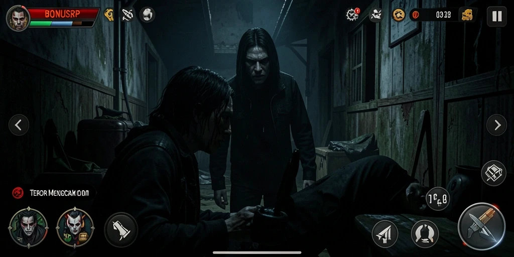 Tangkapan layar menegangkan dari gameplay BONUSRP dengan suasana Horror.