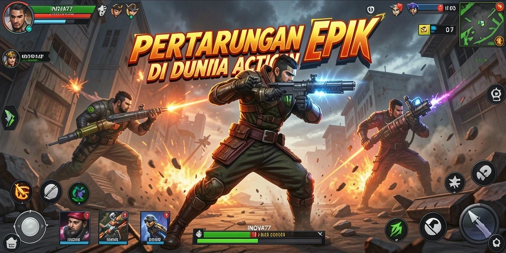 Tangkapan layar utama INOVA77 menampilkan pertempuran seru dan grafik menawan.