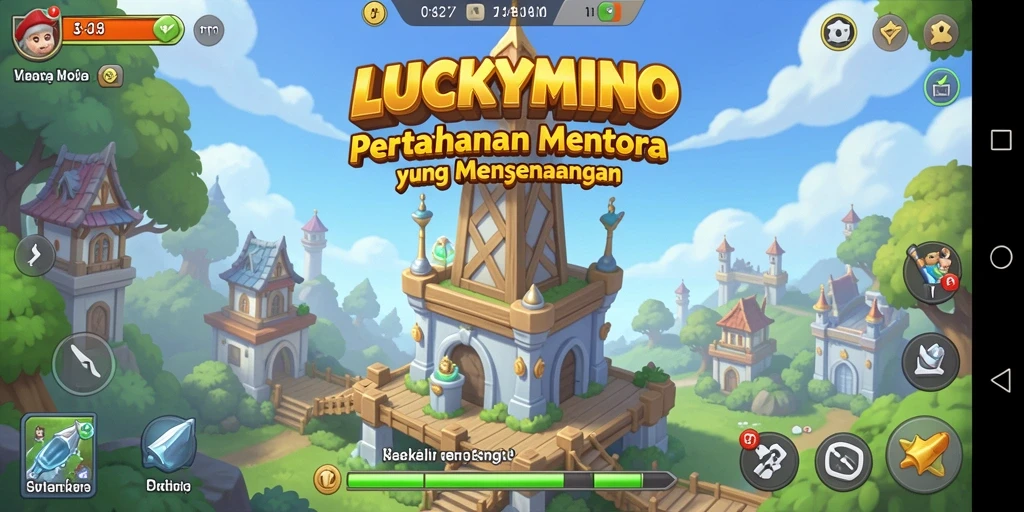 Tampilan gameplay <strong>LUCKYMINO</strong> dengan pertahanan menara yang megah.