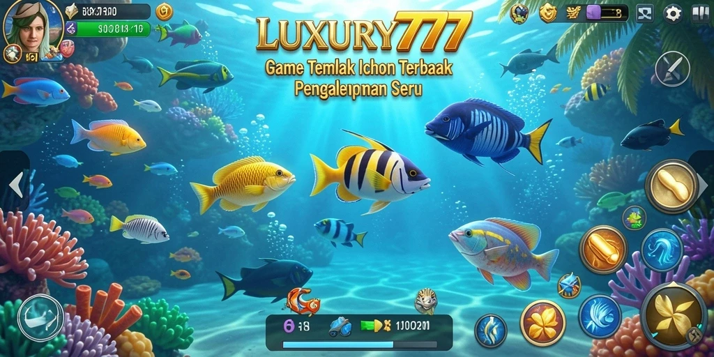 Tampilan gameplay memukau dari LUXURY777 dengan beragam ikan yang bisa ditangkap.