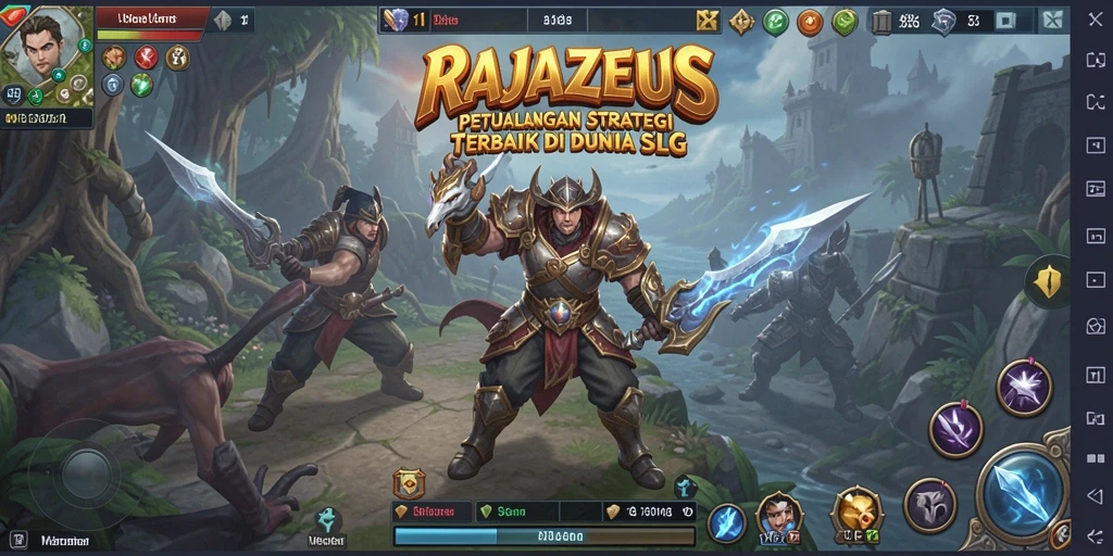 Tampilan gameplay RAJAZEUS dengan pertempuran strategis dan pembangunan kerajaan.