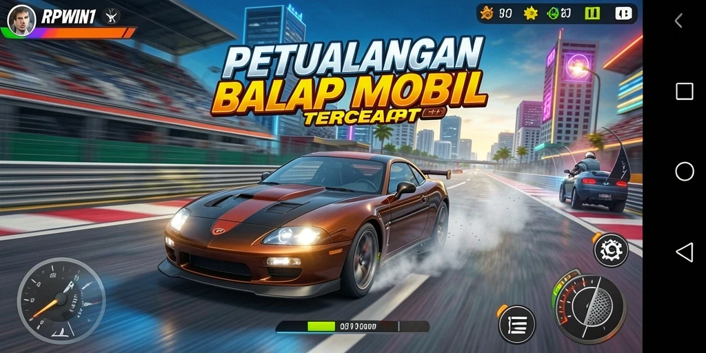 Tampilan balapan seru dengan mobil balap di lintasan yang menegangkan.