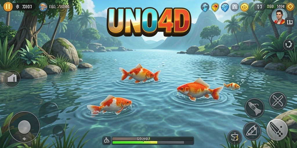 Screenshot gameplay UNO4D menampilkan suasana memancing yang seru.